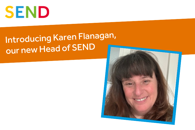 Woman with brown hair smiling. Text reads: Introducing Karen Flanagan, our new Head of SEND