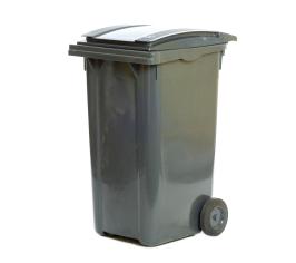 A black wheelie bin with a black lid.