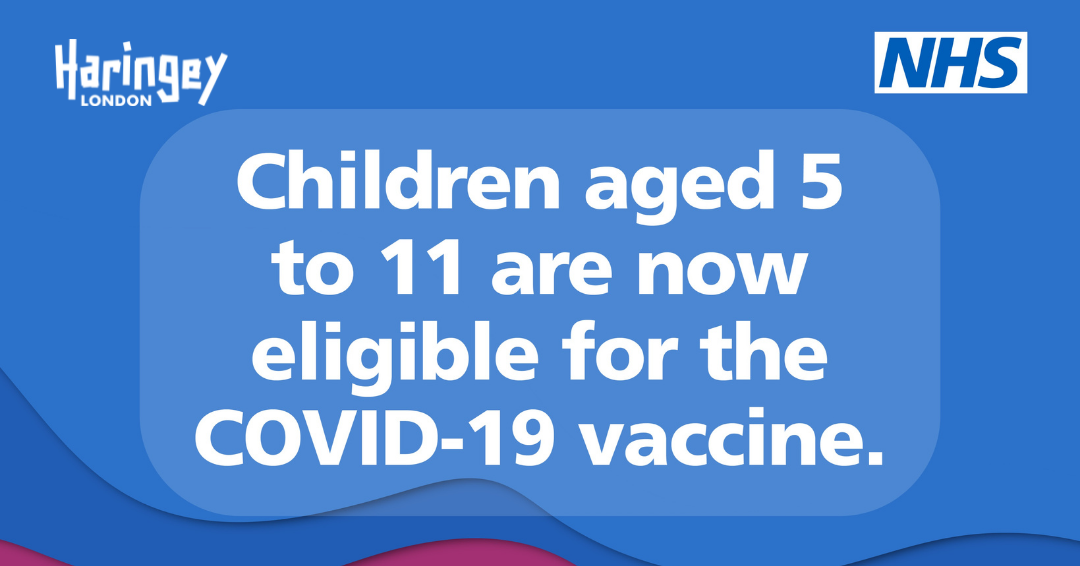 Graphic with text: Children aged 5 to 11 are now eligible for the COVID-19 vaccine.