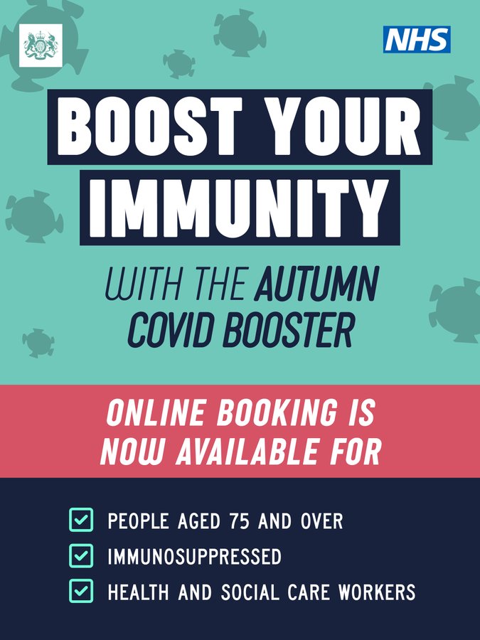 Boost your immunity with the autumn Covid booster. Online booking is now available for people aged 75 and over, immunosuppressed people and health and social care workers.