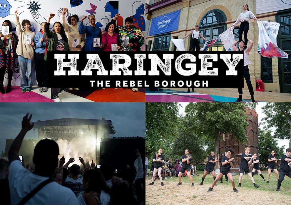 Haringey the Rebel borough - collage of images of people performing and dancing