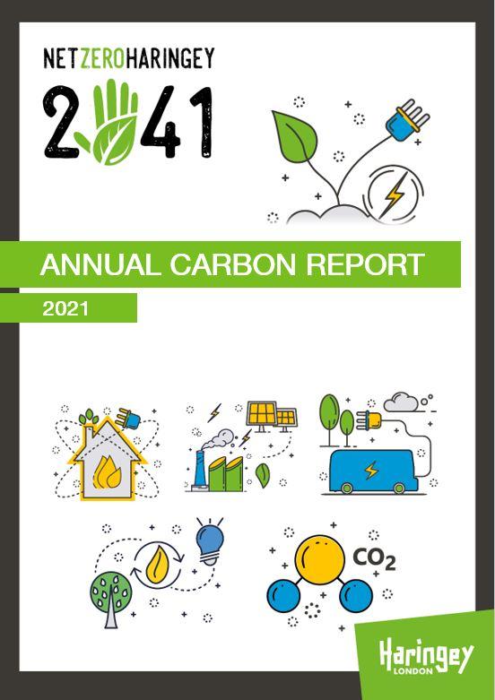 Front cover of 11th Annual Carbon Report which includes the 2041 Haringey Net Zero Carbon logo
