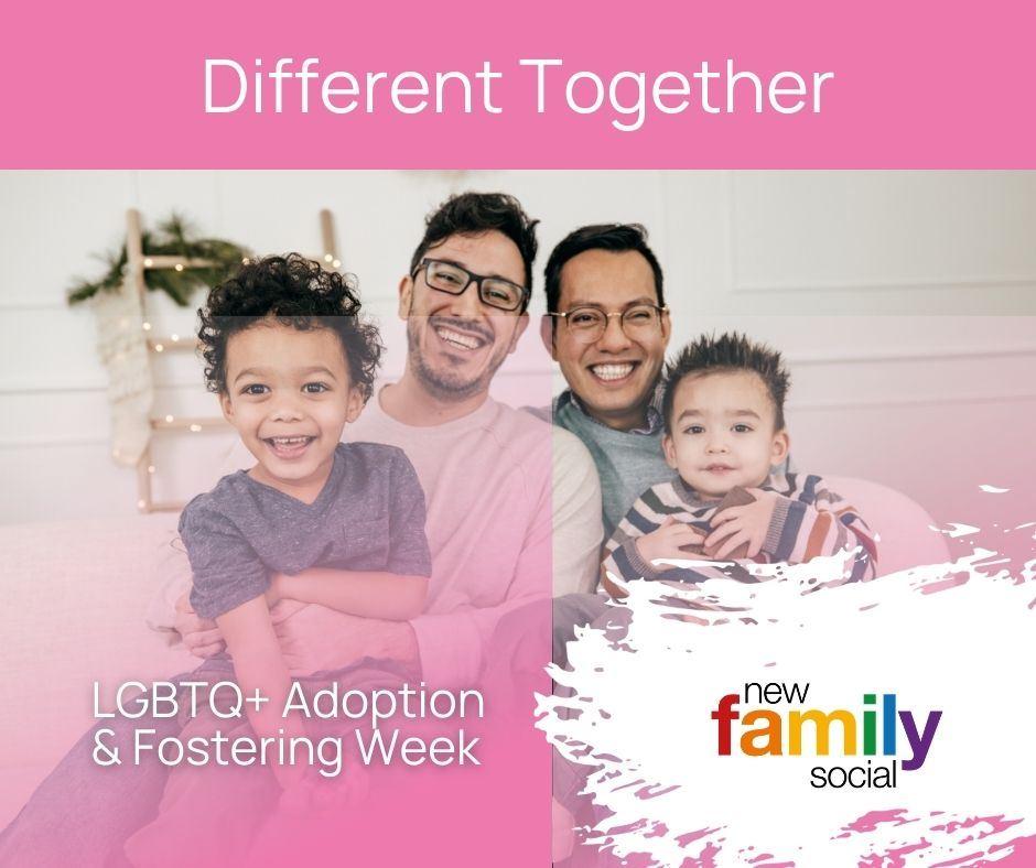 Foster family comprising of two male carers and two young children, gathered together, smiling at the camera