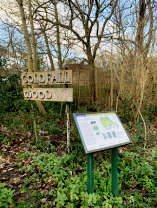 Sign at edge of wood saying Coldfall Wood