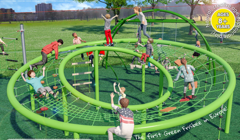 Drawing of a group of children on round, green netted play equipment