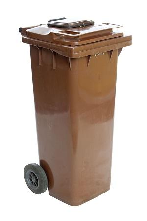 Tall brown wheelie bin with lid