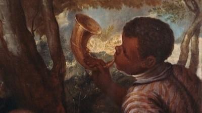 Painting of a man blowing a horn