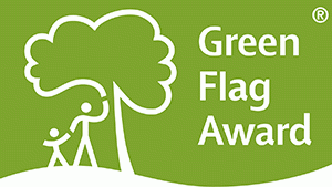 Words green flag award and drawing of adult, child and tree