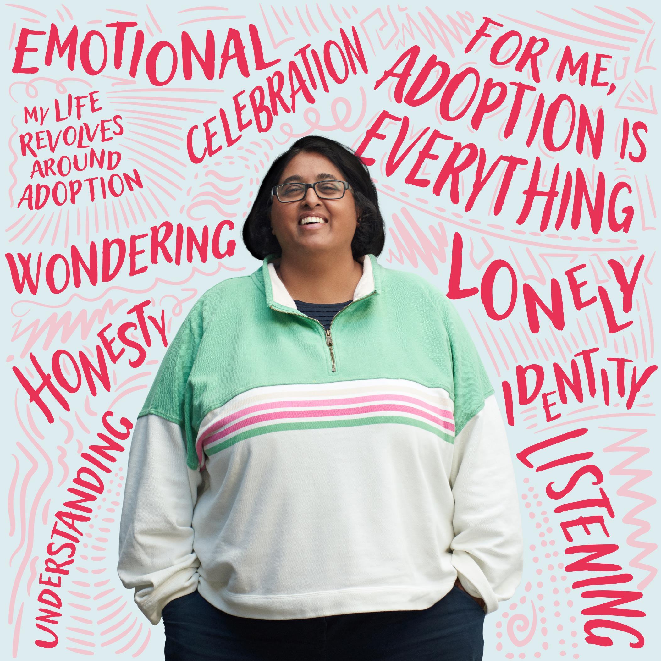 The pic is of adoptee Isabelle surrounded by emotive, poignant words that describe her own adoption journey.
