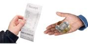 Hands holding a receipt and some coins
