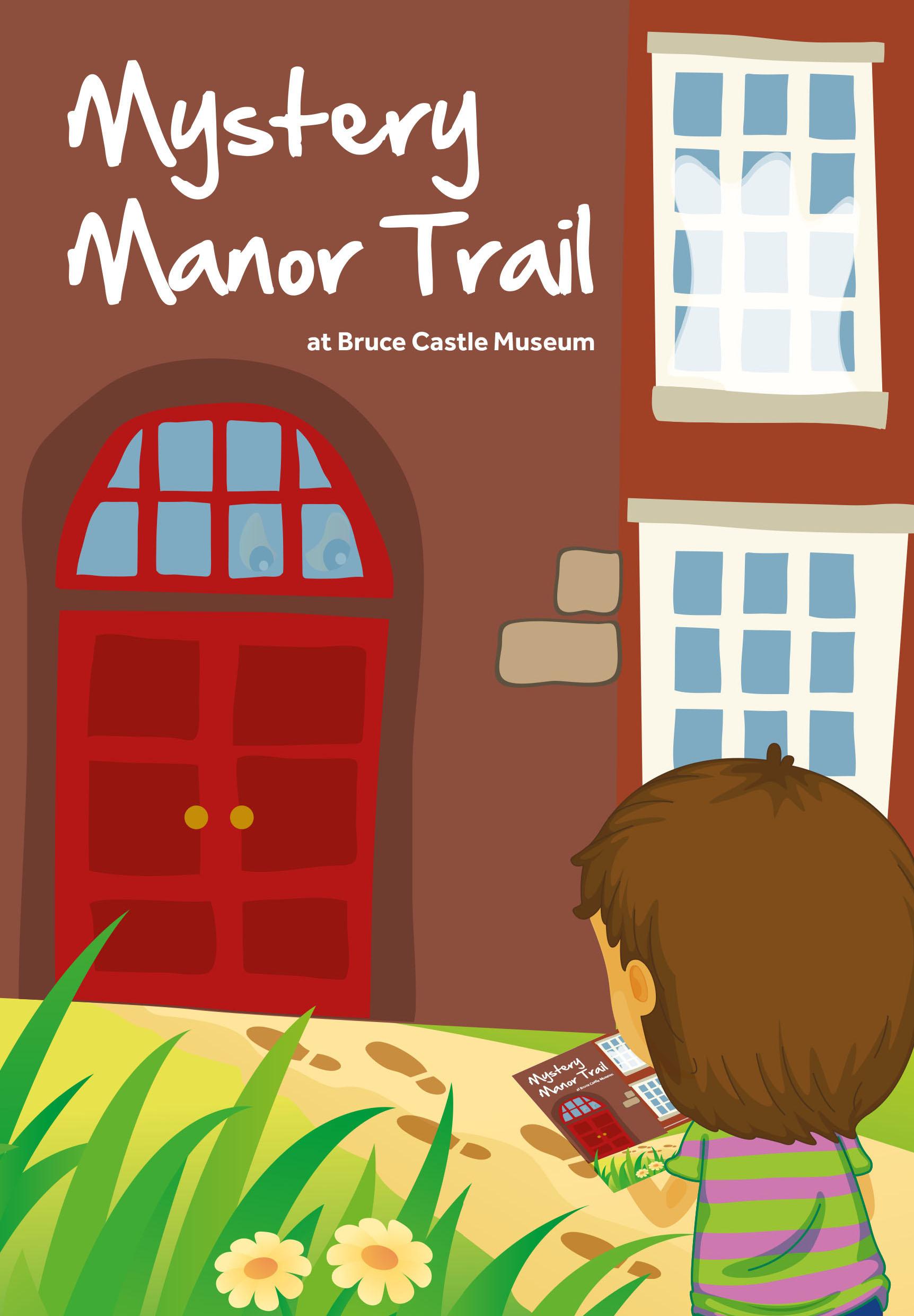 Front cover of mystery manor trail showing boy looking at front of building