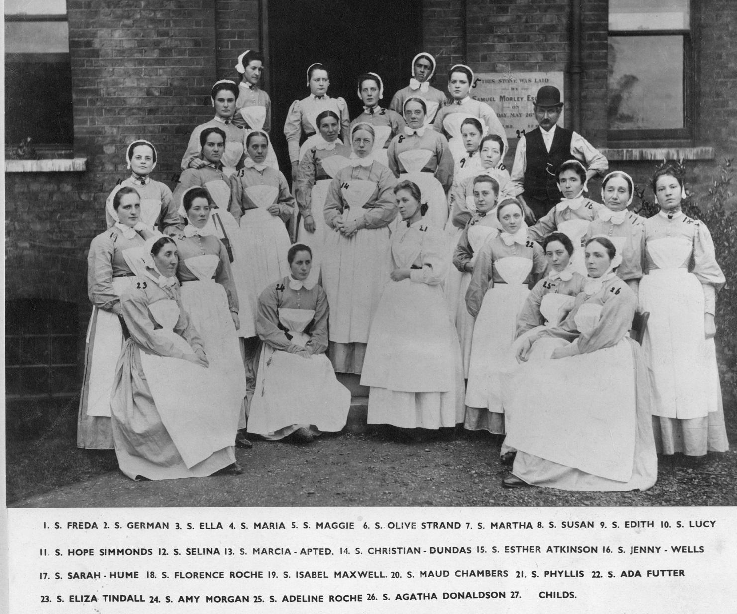 Nurses at Tottenham Hospital including Sister Freda in back row 1880s