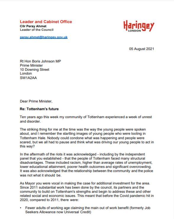 Cllr Ahmet's letter to the Prime Minister Boris Johnson on "levelling up" Tottenham - PDF preview, click to read PDF