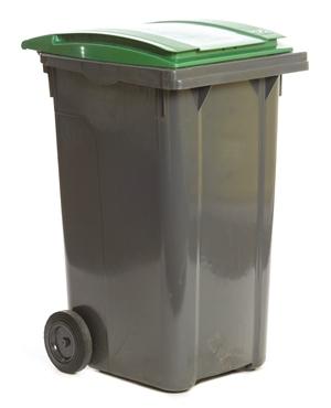 Tall dark grey wheelie bin with green lid