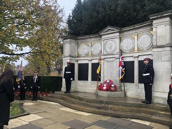 The pic is of the Leader of Haringey Council, Cllr Peray Ahmet, during the wreath-laying ceremony at the Wood Green war memorial to mark Remembrance Sunday.