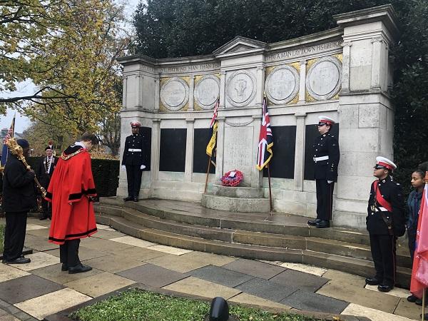 The pic is of the Mayor of Haringey, Cllr Lester Buxton, during the wreath-laying ceremony at the Wood Green war memorial to mark Remembrance Sunday.