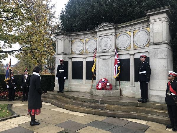 The pic is of Catherine West, MP for Hornsey and Wood Green, during the wreath-laying ceremony at the Wood Green war memorial to mark Remembrance Sunday.
