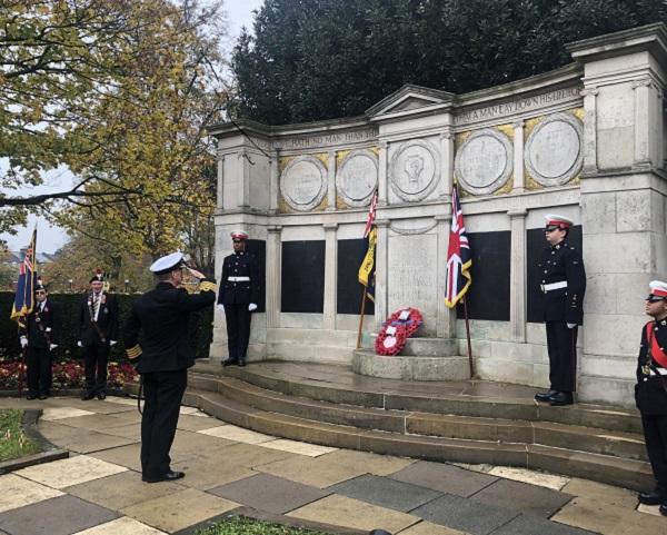 The pic is of the Deputy Lieutenant of Haringey, Captain Peter Baker, during the wreath-laying ceremony at the Wood Green war memorial to mark Remembrance Sunday.