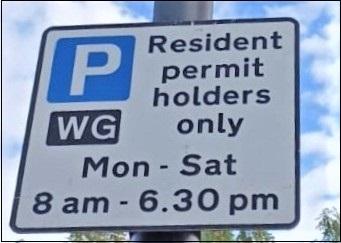 Resident parking permit sign showing a P in a blue square and Mon - Sat 8am to 6.30pm