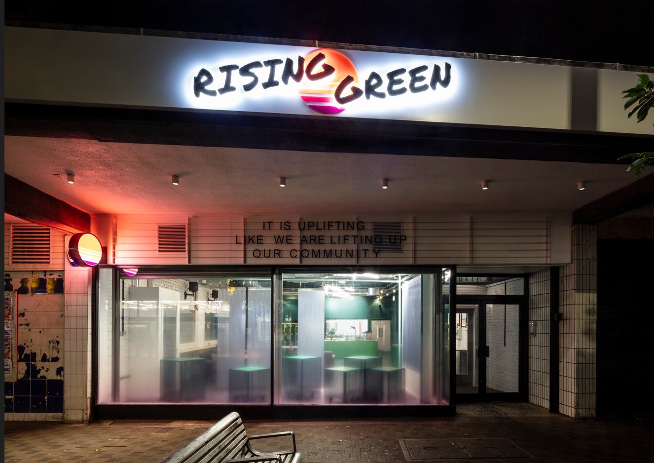 The photograph is of the exterior frontage of the Rising Green Youth Hub in Wood Green at night. Picture by Ben Blossom.