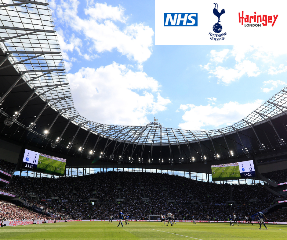 Image of Spurs stadium with logos from NHS, Haringey Council and Tottenham Hotspur