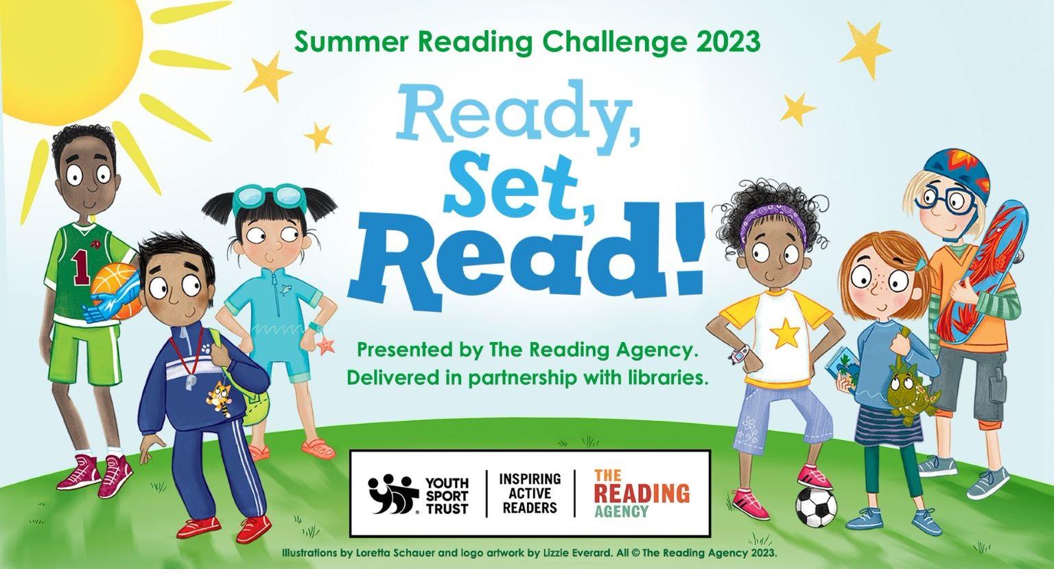 The graphic reads as follows: 'Summer Reading Challenge 2023 Ready, Set, Read! Presented by the Reading Agency. Delivered in partnership with libraries.' There then is the logos of the Youth Sport Trust, Inspiring Active Readers & The Reading Agency.
